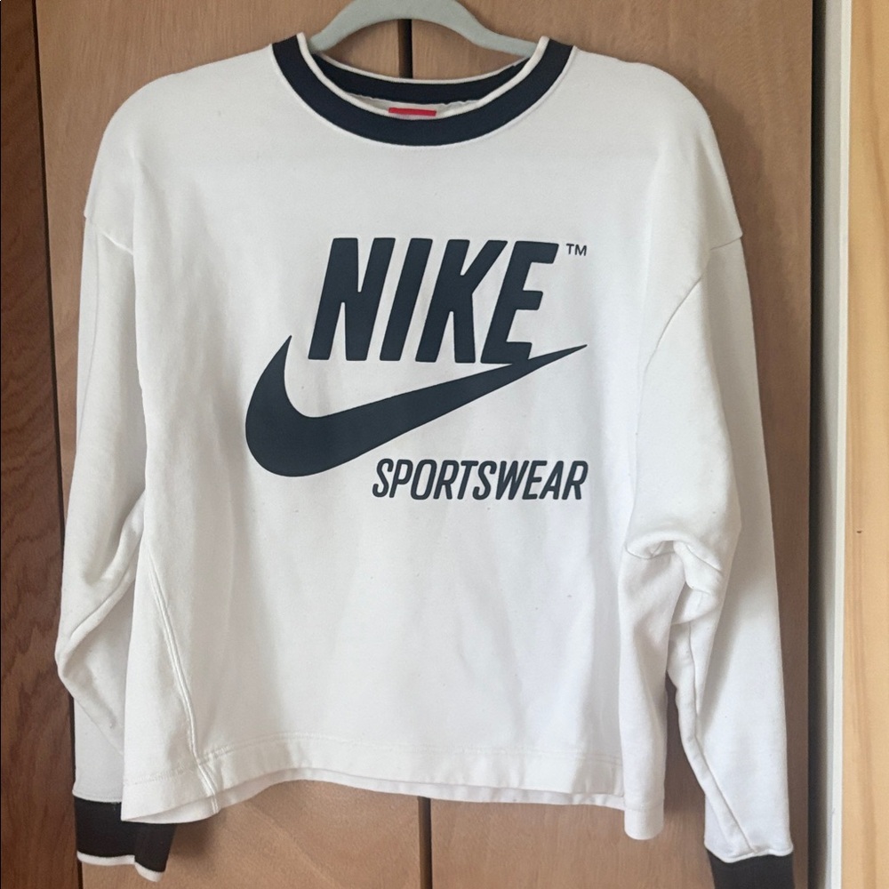 Nike White Sweatshirt with Black Neck Trim and Black Swoosh Logo